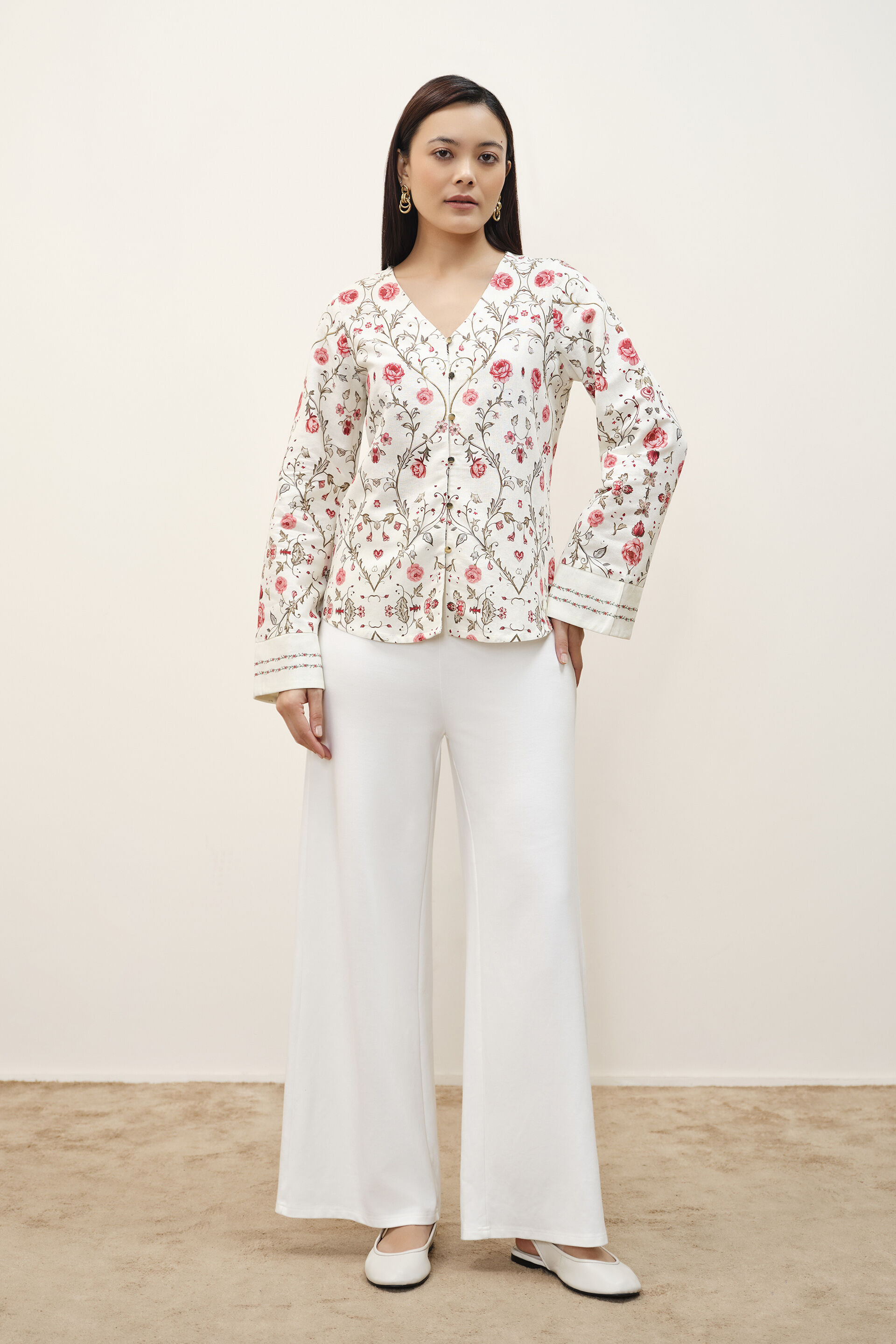 Cream Floral Printed Top, White, image 5